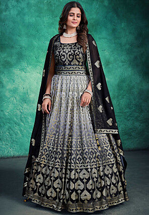 Embroidered Georgette Abaya Style Suit in Shaded Grey and Black