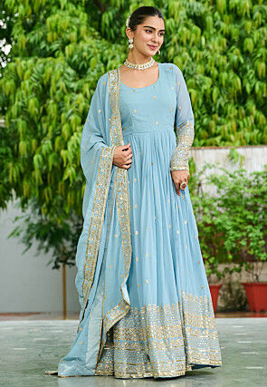 Embroidered Georgette Abaya Style Suit in Sky Blue