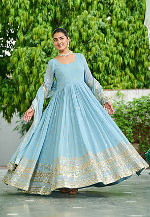 Embroidered Georgette Abaya Style Suit in Sky Blue