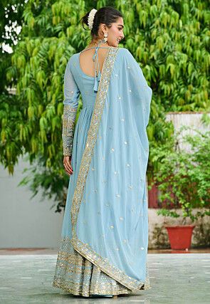 Embroidered Georgette Abaya Style Suit in Sky Blue
