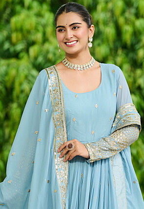 Embroidered Georgette Abaya Style Suit in Sky Blue
