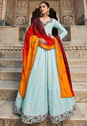 Embroidered Georgette Abaya Style Suit in Sky Blue