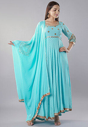Embroidered Georgette Abaya Style Suit in Sky Blue