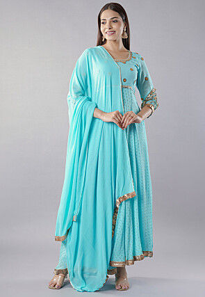 Embroidered Georgette Abaya Style Suit in Sky Blue