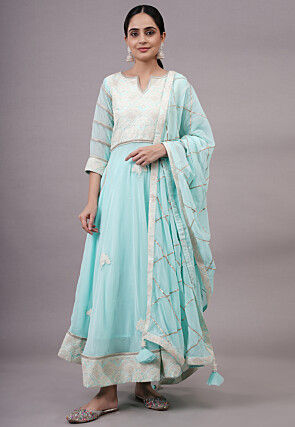 Embroidered Georgette Abaya Style Suit in Sky Blue
