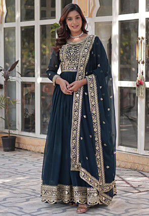 Embroidered Georgette Abaya Style Suit in Teal Blue