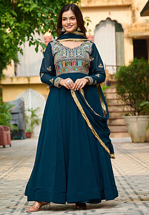 Embroidered Georgette Abaya Style Suit in Teal Blue