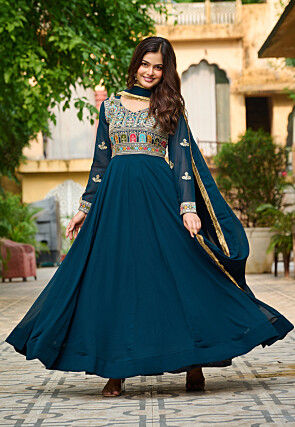 Embroidered Georgette Abaya Style Suit in Teal Blue