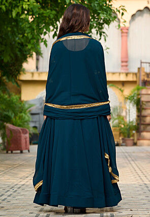Embroidered Georgette Abaya Style Suit in Teal Blue