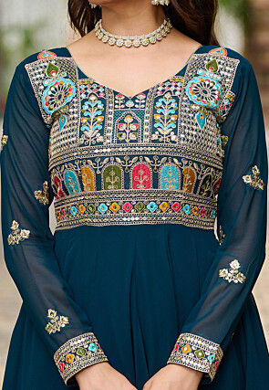 Embroidered Georgette Abaya Style Suit in Teal Blue