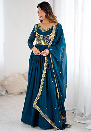 Embroidered Georgette Abaya Style Suit in Teal Blue