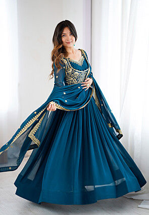 Embroidered Georgette Abaya Style Suit in Teal Blue