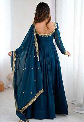 Embroidered Georgette Abaya Style Suit in Teal Blue