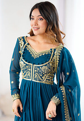 Embroidered Georgette Abaya Style Suit in Teal Blue