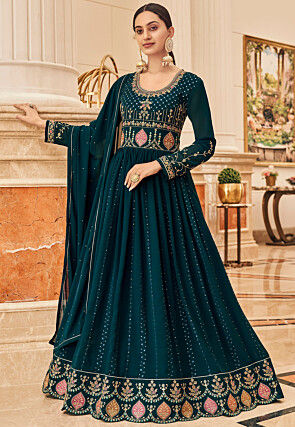 Embroidered Georgette Abaya Style Suit in Mustard : KCH8770