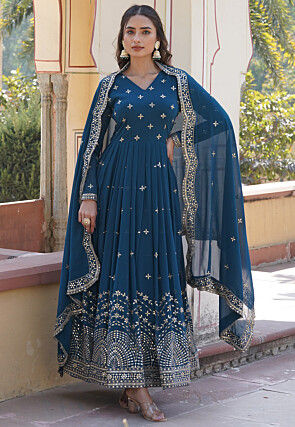 Embroidered Georgette Abaya Style Suit in Teal Blue