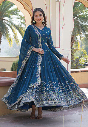 Embroidered Georgette Abaya Style Suit in Teal Blue