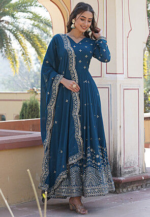 Embroidered Georgette Abaya Style Suit in Teal Blue