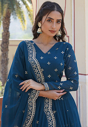 Embroidered Georgette Abaya Style Suit in Teal Blue