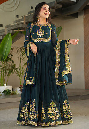 Embroidered Georgette Abaya Style Suit in Teal Blue
