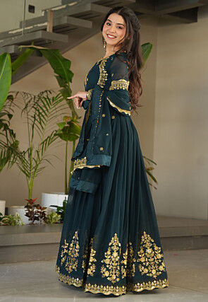 Embroidered Georgette Abaya Style Suit in Teal Blue