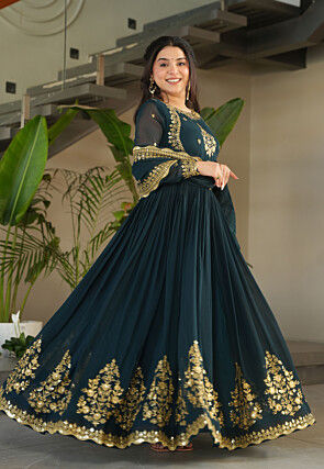 Embroidered Georgette Abaya Style Suit in Teal Blue