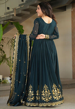 Embroidered Georgette Abaya Style Suit in Teal Blue