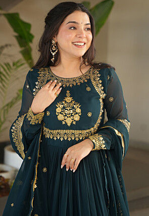 Embroidered Georgette Abaya Style Suit in Teal Blue