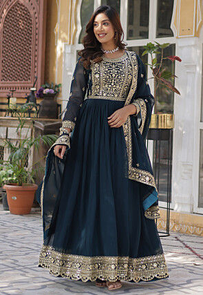 Embroidered Georgette Abaya Style Suit in Teal Blue