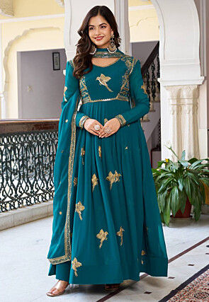 Embroidered Georgette Abaya Style Suit in Teal Blue