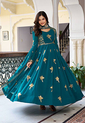 Embroidered Georgette Abaya Style Suit in Teal Blue