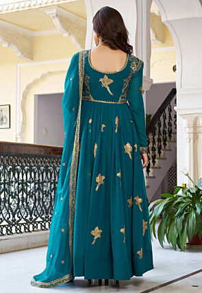 Embroidered Georgette Abaya Style Suit in Teal Blue