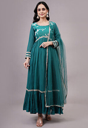 Embroidered Georgette Abaya Style Suit in Teal Blue