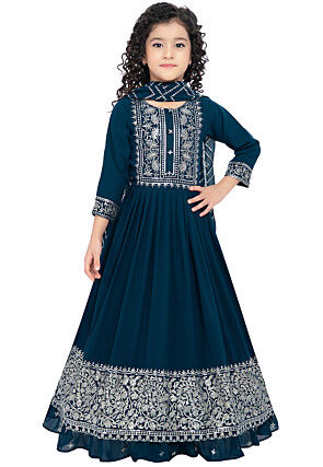 Embroidered Georgette Abaya Style Suit in Teal Blue