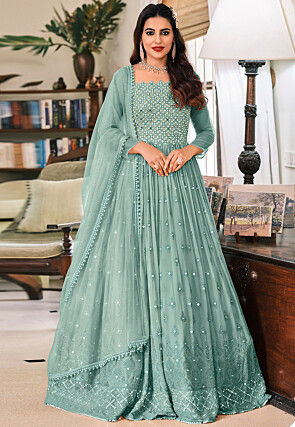 Embroidered Georgette Abaya Style Suit in Dusty Green