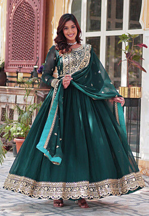 Embroidered Georgette Abaya Style Suit in Teal Green
