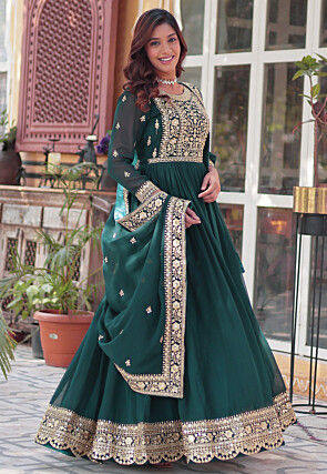Embroidered Georgette Abaya Style Suit in Teal Green