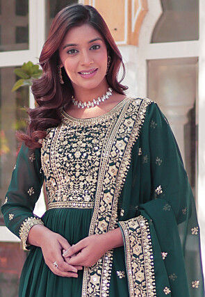 Embroidered Georgette Abaya Style Suit in Teal Green