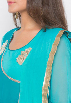 Embroidered Georgette Abaya Style Suit in Turquoise