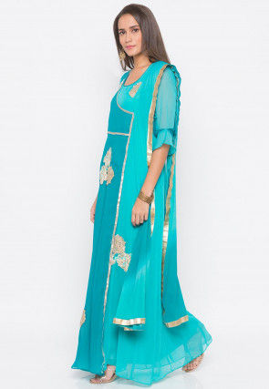 Embroidered Georgette Abaya Style Suit in Turquoise