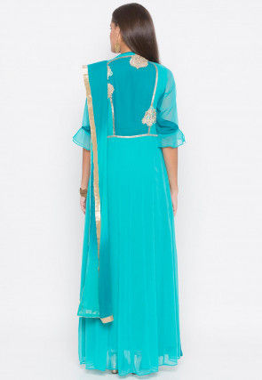 Embroidered Georgette Abaya Style Suit in Turquoise