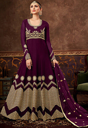 Embroidered Georgette Abaya Style Suit in Violet