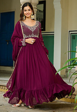 Embroidered Georgette Abaya Style Suit in Violet