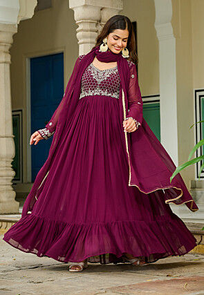 Embroidered Georgette Abaya Style Suit in Violet
