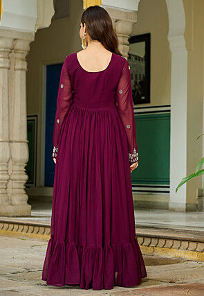 Embroidered Georgette Abaya Style Suit in Violet