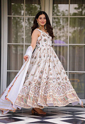 Embroidered Georgette Abaya Style Suit in White