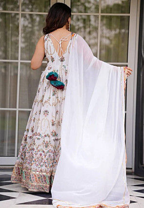 Embroidered Georgette Abaya Style Suit in White