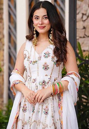 Embroidered Georgette Abaya Style Suit in White