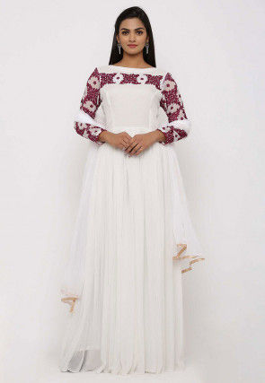 Embroidered Georgette Abaya Style Suit in White