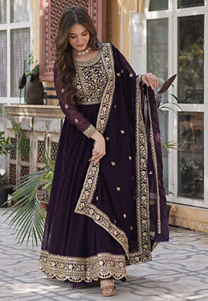 Embroidered Georgette Abaya Style Suit in Wine